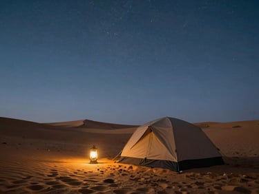 A quiet desert camp at dusk with a low-angle view of a single tent under a starry sky, warm lantern light.