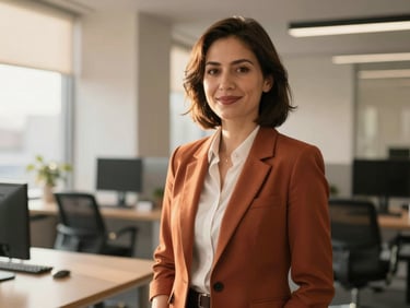 Portrait of a professional travel coordinator in a modern office space, soft natural light, 35mm.