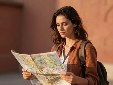 Portrait of a female travel curator holding a map, warm golden hour light, shallow depth of field.