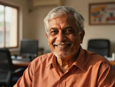Close-up portrait of a senior travel specialist smiling warmly in a sunlit Kolkata office, editorial 35mm.