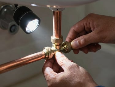 Hands tightening a compression fitting on copper pipe under a sink, job-site flashlight casting direct light on the joint