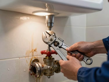 Technician's hands gripping a pipe wrench on a burst pipe valve under a utility sink, work light illuminating water-stained drywall behind