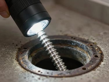 Close-up of a drain snake inserted into a floor drain under work-light, metal coil tight against dark pipe opening