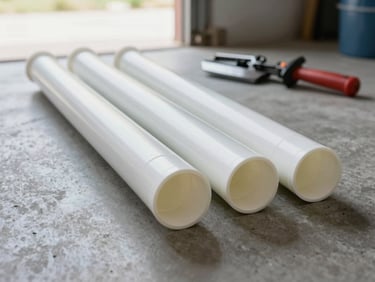 Close-up of new PVC pipe sections laid out on a concrete floor next to a pipe cutter, daylight from an open garage door