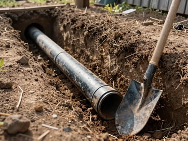 Wide shot of an open trench in a yard with a sewer pipe section exposed, shovel resting against soil edge in afternoon daylight