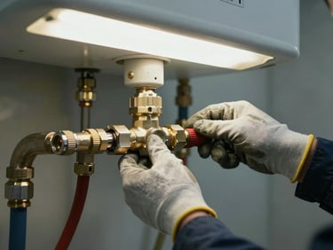 Technician's gloved hands connecting a gas line fitting on a tank water heater in a utility closet under overhead fluorescent light