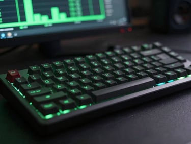 Moody close-up of a high-end mechanical keyboard on a dark desk, glowing green timeline interface on a monitor in the soft-focus background, macro shot, shallow depth of field