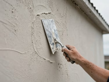 Close-up of a plasterer's hand applying decorative render to a building exterior surface, trowel leaving a fine textured finish, flat overcast site lighting, tight framing on the texture detail