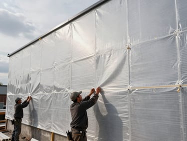 Wide environmental shot of a building facade with thermal insulation boards being installed, workers' hands securing panels to the wall surface, overcast north-facing site light, raw materials visible in context