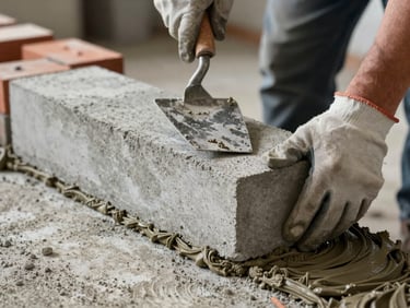 Close-up, wide frame — a mason's gloved hands laying a concrete block on a fresh mortar bed, trowel visible at the edge pressing mortar into the vertical joint, raw brick courses visible in background, diffuse interior site daylight, no flash