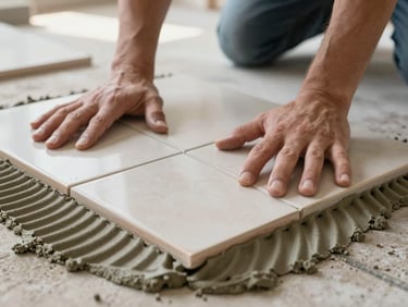 Tight close-up, wide frame — hands pressing a ceramic tile flat into fresh adhesive mortar on a floor, fingers spread across the tile surface, grout lines visible between adjacent tiles already set, diffuse site daylight from above, no studio flash
