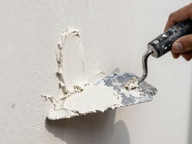 Close-up of a plastering trowel spreading white glet compound across a wall surface under flat north-facing daylight, smooth finish visible in the wet material, tight framing on blade and texture