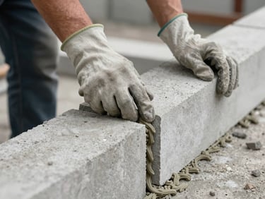 Close-up of a mason's gloved hands laying concrete blocks in a straight course, fresh mortar visible between joints, soft diffused site light, tight framing on the masonry surface