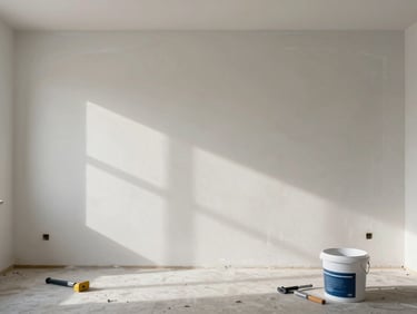 Wide environmental shot — an empty room mid-execution, one wall freshly screeded with glet compound, a work lamp casting raking side-light that reveals every surface imperfection being corrected, tools and a bucket of compound on the floor, no workers in frame