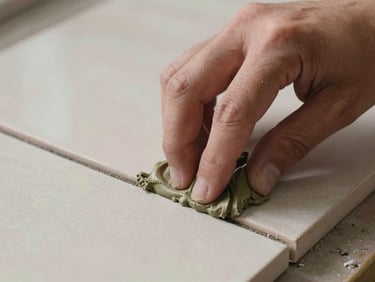 Extreme close-up of hands pressing a ceramic tile into fresh adhesive mortar, grout lines precisely aligned, north-facing daylight, tight framing on fingers and tile surface texture