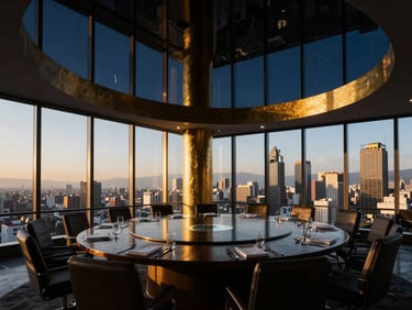 Interior de una sala de juntas de élite en un rascacielos de CDMX, con vistas panorámicas de la ciudad, iluminación de alto contraste, tonos azul marino y dorado, 35mm.