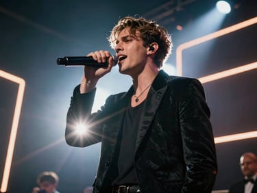 Dynamic low-angle shot of a performer singing mid-belt, dramatic lens flare, glowing neon-lit background of a premium event space, high contrast.