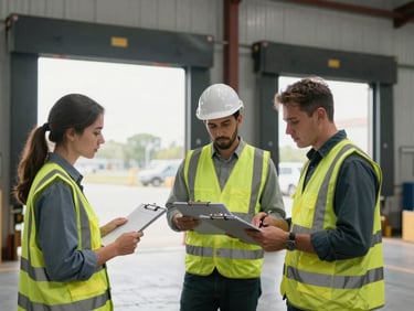 Workers in high-visibility vests reviewing clipboards near loading dock doors of a large warehouse, documentary light, activity-focused, no posed faces