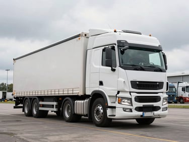 Wide shot of a truck cab and trailer in an open European logistics yard, overcast daylight, no driver visible, focus on the scale of the vehicle and yard operations