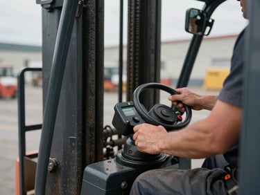 Close-up of a forklift operator's hands on controls inside a warehouse cab, industrial equipment detail, documentary overcast light, no faces visible
