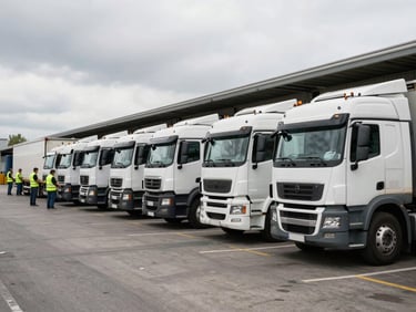 Wide shot inside a truck logistics yard at overcast European daylight, a row of semi-trailer trucks lined up at loading docks, dock workers in hi-vis vests moving cargo, documentary industrial framing, no posed figures