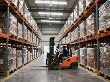 Environmental wide shot of a large warehouse interior, forklift operator navigating between tall racking systems loaded with pallets, overcast industrial daylight from skylights above, depth and scale visible, no direct camera eye contact