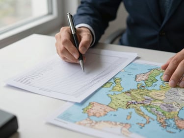 Close-up of logistics coordinator at a desk reviewing printed shift rosters and a European road map, pen in hand, document-heavy surface, overcast window light from the side, no face visible, documentary style