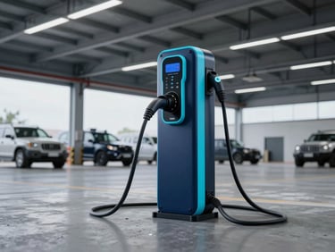 Industrial product photography of a 4-gun DC fast charger, deep navy enclosure with electric cyan accents, wide shot in a large fleet depot, clean overcast outdoor setting, heroic perspective