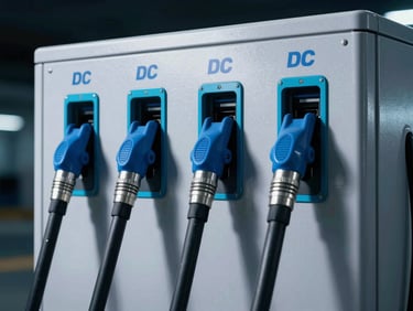 Close-up of a 4-gun DC fast charging station, heavy-duty liquid-cooled cables, industrial enclosure, cool blue and cyan accents, sharp metallic reflections.