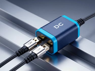 Industrial product photography of a 3-gun DC fast charger, deep navy enclosure with electric cyan accents, close-up of liquid-cooled charging cables, sharp metallic reflections, low angle