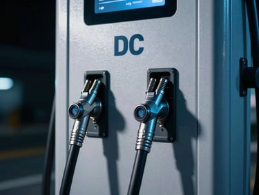 Close-up of a 2-gun DC fast charging station, heavy-duty liquid-cooled cables, industrial enclosure, cool blue and cyan accents, sharp metallic reflections.