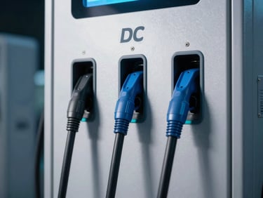 Close-up of a 3-gun DC fast charging station, heavy-duty liquid-cooled cables, industrial enclosure, cool blue and cyan accents, sharp metallic reflections.