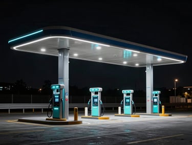 High-contrast image of a highway charging hub at night, showing several grid-buffered stations under cool, dramatic industrial lighting, with a subtle glow of electric cyan.