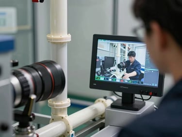 Close-up of a technician monitoring a digital screen displaying a real-time video inspection inside a clean PVC pipe, professional utility setting