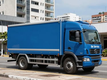Van de serviço industrial azul marinho estacionada em frente a um condomínio moderno na orla de Santos, dia ensolarado, foco na precisão técnica.