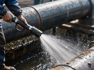 High-pressure hydro-jetting nozzle spraying water inside a large industrial drainage pipe, clean action shot