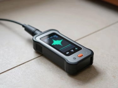 An electronic ultrasound leak detector device resting on a clean tiled floor, capturing precise acoustic signals