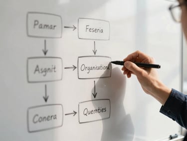 Close-up of hands sketching a clean organizational framework on a sunlit whiteboard, soft shadows, warm editorial tones