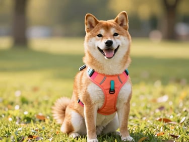 A happy Shiba Inu wearing a colorful coral and fuchsia Y-harness, sitting proudly in a sun-drenched park