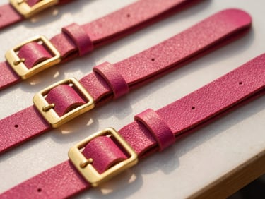 Macro shot of solid brass buckles and fuchsia Biothane straps laid out on a clean workbench, warm natural sunlight highlighting the metallic textures.
