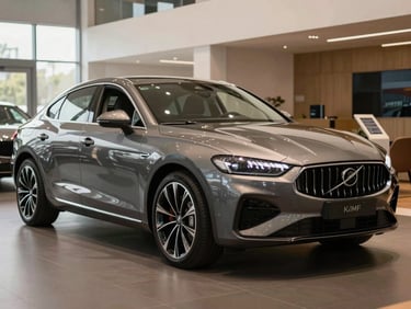 Berline familiale grise foncée garée dans un showroom KMF, reflets subtils de la lumière ambiante, ambiance professionnelle.
