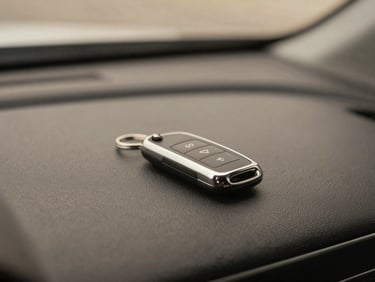 Close-up of a car key on a modern dashboard, soft natural light, muted earth tones, high-end automotive, 35mm lens.
