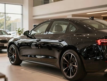Vue latérale d'une berline noire élégante dans un showroom moderne, lumière naturelle douce, tons terreux, ambiance haut de gamme.