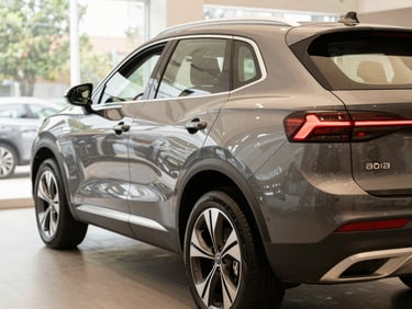 SUV compact gris anthracite garé dans un showroom, détails de finition visibles, lumière naturelle, ambiance premium.
