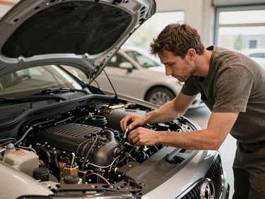 Vue rapprochée d'un mécanicien inspectant le moteur d'une voiture d'occasion dans un garage propre, lumière naturelle douce, tons terreux, ambiance de confiance. Aspect: wide.