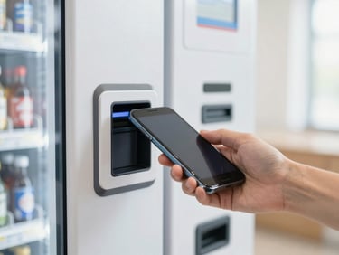 Close-up of a hand using a smartphone to pay contactless on a modern vending machine screen, bright natural indoor light, clean corporate setting
