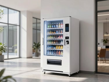 Sleek modern vending machine standing in a bright residential building corridor, clean minimalist architecture, sunlight streaming through windows