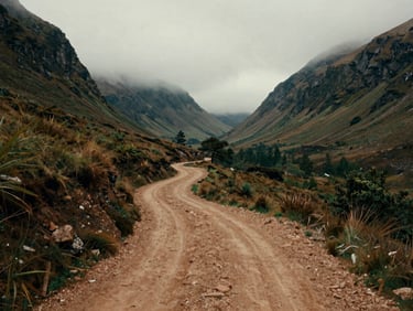 Cinematic landscape of a winding dirt path through a misty highland valley, overcast sky, rich earth ochre tones