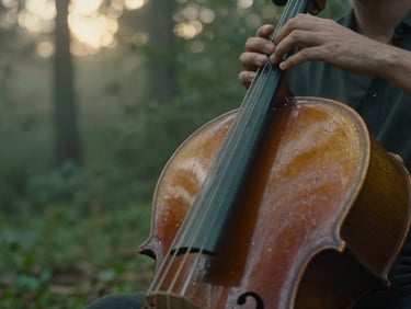 moody cinematic film photography, extreme close-up of fingers pressing strings on a wooden cello, soft golden hour light, misty atmosphere
