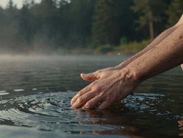 Extreme close up of hands touching dark water in a misty lake, golden hour light, cinematic 35mm film grain.